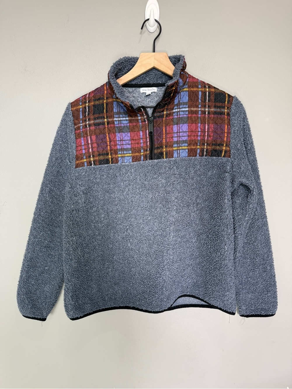 Vera Bradley Gray/Blue Sherpa Zip Pullover with Plaid Yoke size s/m